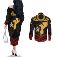 Mozambique Couples Matching Off The Shoulder Long Sleeve Dress and Long Sleeve Button Shirt with Black Red Tribal Design and National Map Pattern - Wonder Print Shop