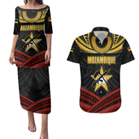 Mozambique Couples Matching Puletasi and Hawaiian Shirt with Black Red Tribal Design and National Map Pattern - Wonder Print Shop