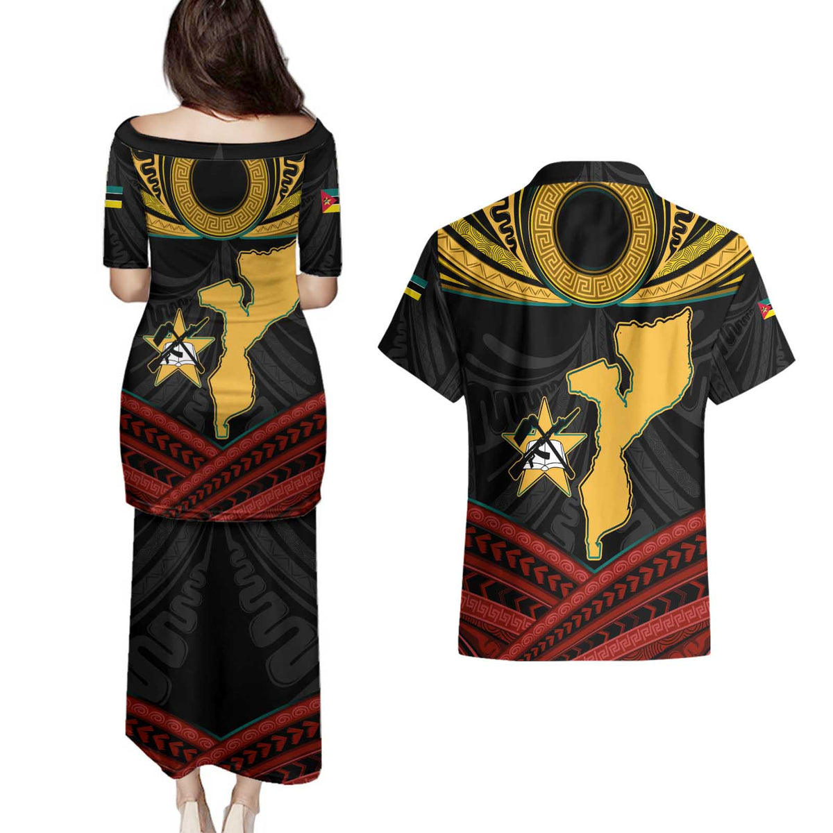 Mozambique Couples Matching Puletasi and Hawaiian Shirt with Black Red Tribal Design and National Map Pattern - Wonder Print Shop