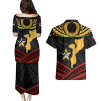 Mozambique Couples Matching Puletasi and Hawaiian Shirt with Black Red Tribal Design and National Map Pattern - Wonder Print Shop
