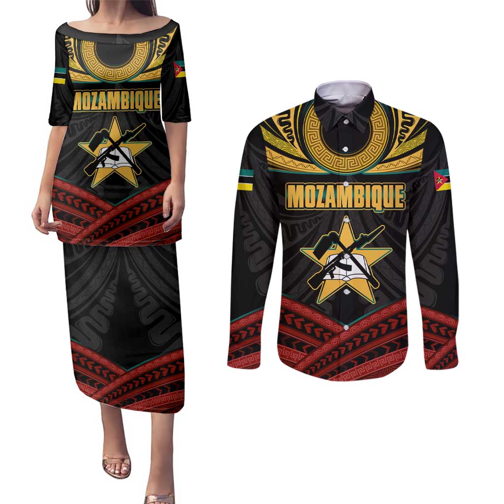 Mozambique Couples Matching Puletasi and Long Sleeve Button Shirt with Black Red Tribal Design and National Map Pattern - Wonder Print Shop