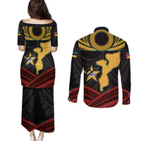 Mozambique Couples Matching Puletasi and Long Sleeve Button Shirt with Black Red Tribal Design and National Map Pattern - Wonder Print Shop