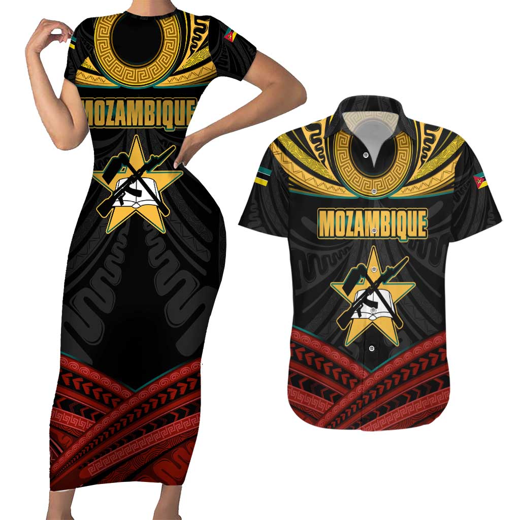 Mozambique Couples Matching Short Sleeve Bodycon Dress and Hawaiian Shirt with Black Red Tribal Design and National Map Pattern - Wonder Print Shop