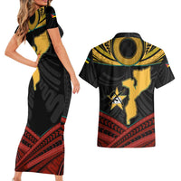 Mozambique Couples Matching Short Sleeve Bodycon Dress and Hawaiian Shirt with Black Red Tribal Design and National Map Pattern - Wonder Print Shop