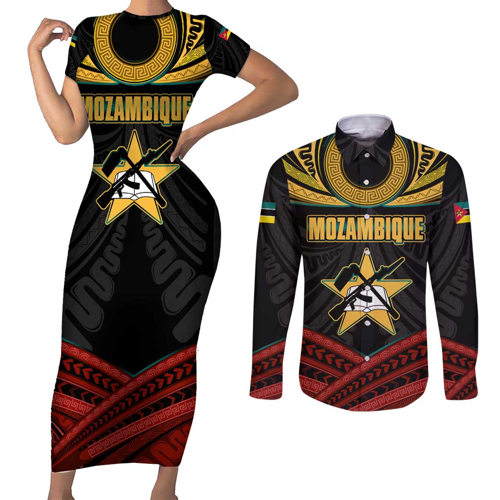 Mozambique Couples Matching Short Sleeve Bodycon Dress and Long Sleeve Button Shirt with Black Red Tribal Design and National Map Pattern - Wonder Print Shop