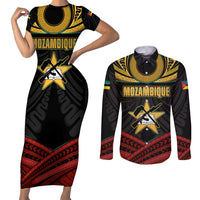 Mozambique Couples Matching Short Sleeve Bodycon Dress and Long Sleeve Button Shirt with Black Red Tribal Design and National Map Pattern - Wonder Print Shop