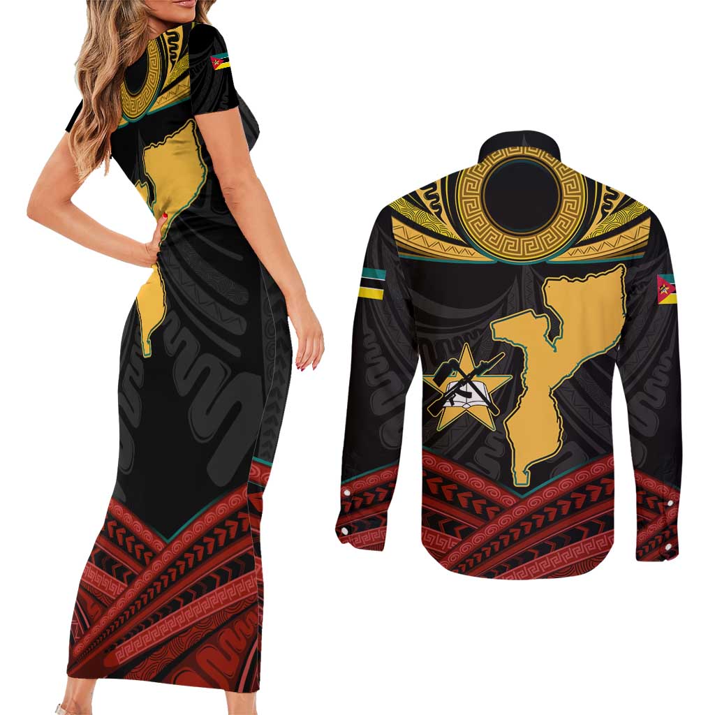 Mozambique Couples Matching Short Sleeve Bodycon Dress and Long Sleeve Button Shirt with Black Red Tribal Design and National Map Pattern - Wonder Print Shop