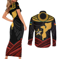 Mozambique Couples Matching Short Sleeve Bodycon Dress and Long Sleeve Button Shirt with Black Red Tribal Design and National Map Pattern - Wonder Print Shop