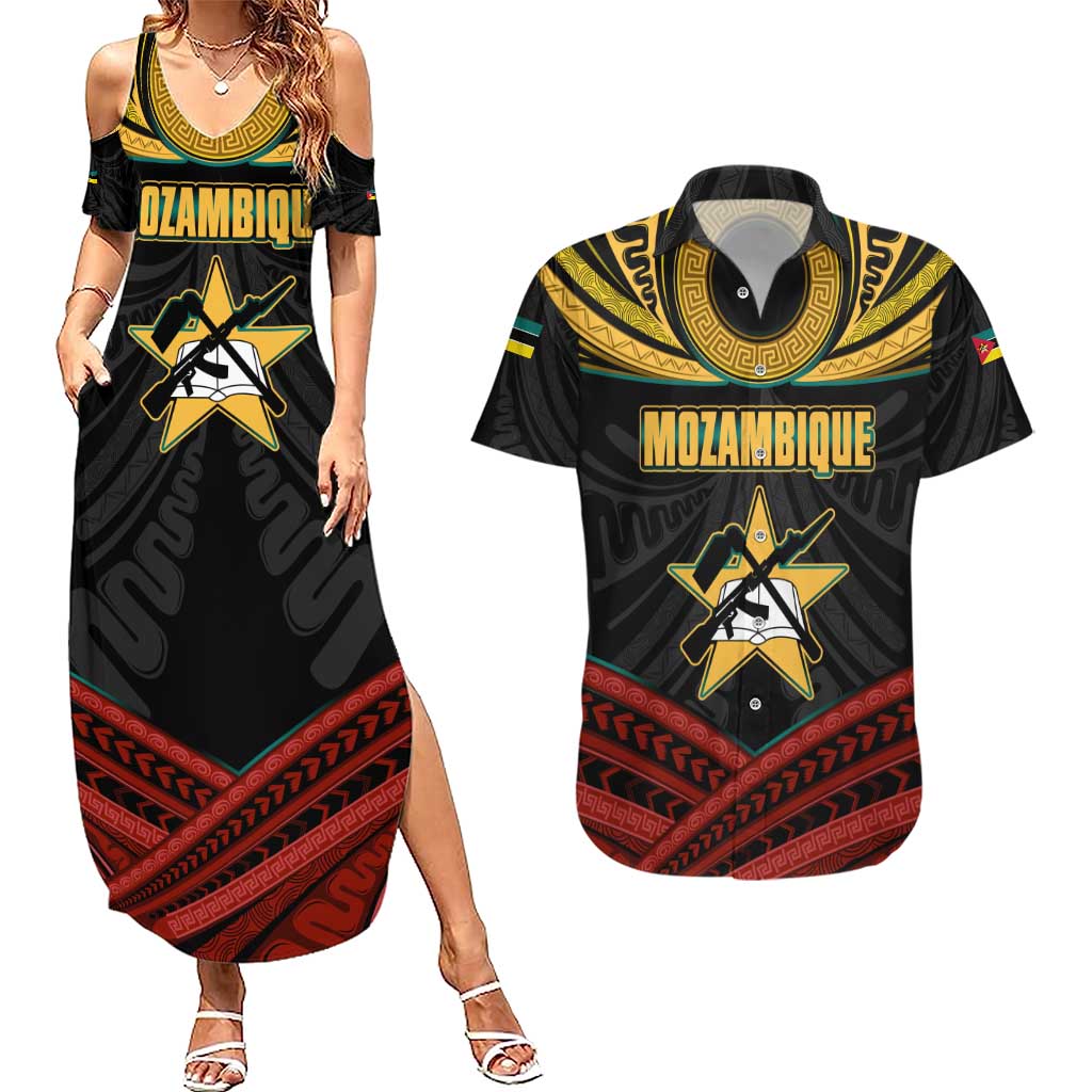 Mozambique Couples Matching Summer Maxi Dress and Hawaiian Shirt with Black Red Tribal Design and National Map Pattern - Wonder Print Shop