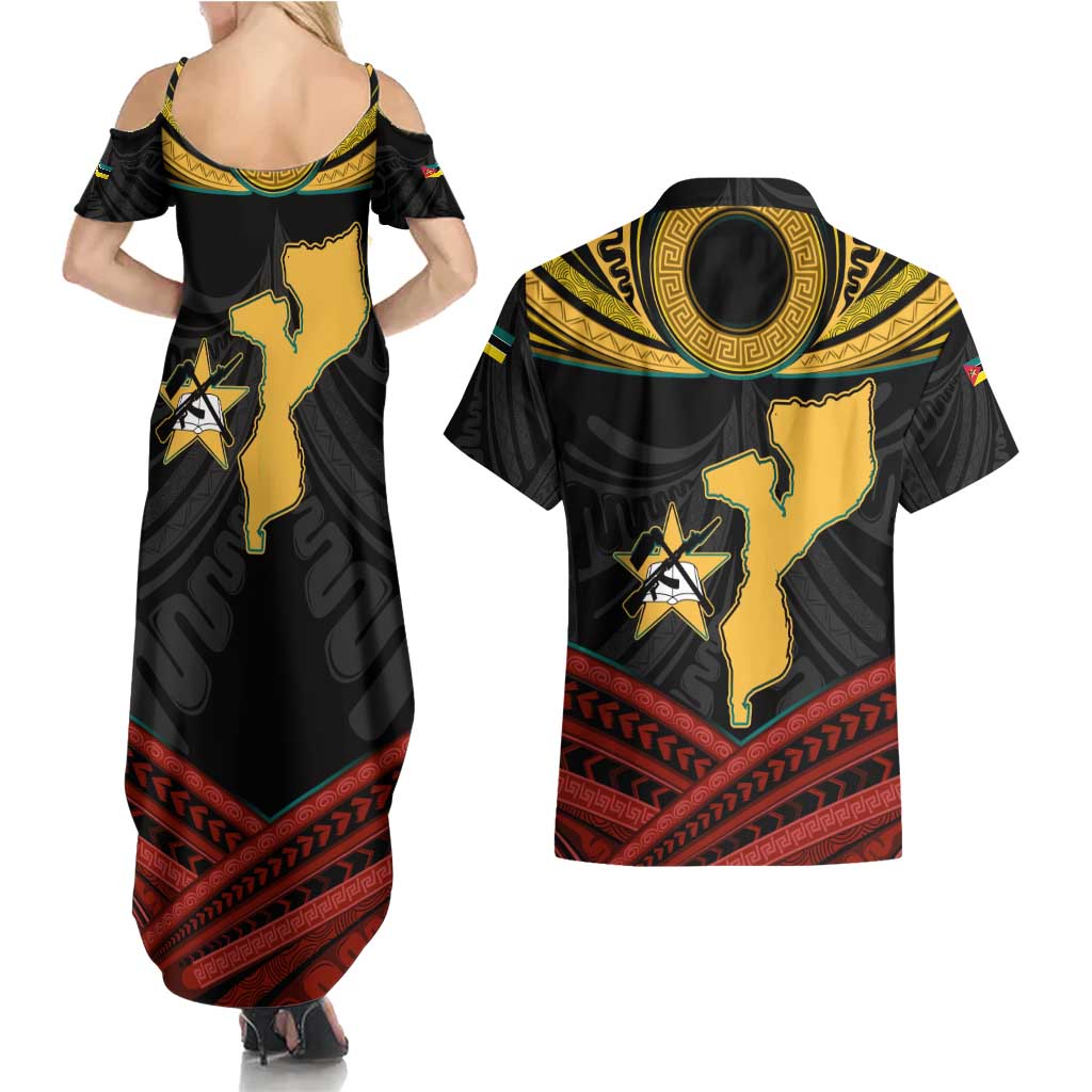 Mozambique Couples Matching Summer Maxi Dress and Hawaiian Shirt with Black Red Tribal Design and National Map Pattern - Wonder Print Shop