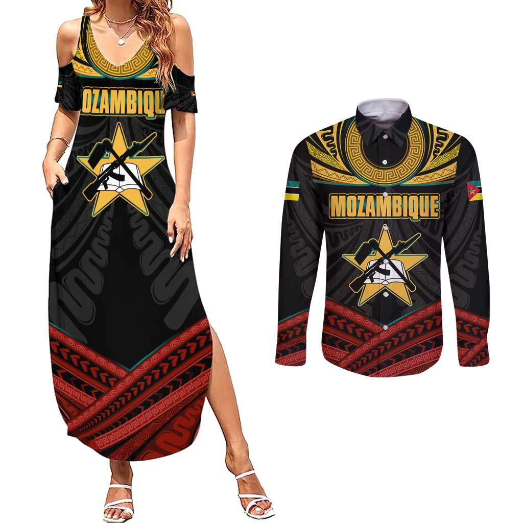 Mozambique Couples Matching Summer Maxi Dress and Long Sleeve Button Shirt with Black Red Tribal Design and National Map Pattern - Wonder Print Shop
