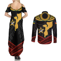 Mozambique Couples Matching Summer Maxi Dress and Long Sleeve Button Shirt with Black Red Tribal Design and National Map Pattern - Wonder Print Shop
