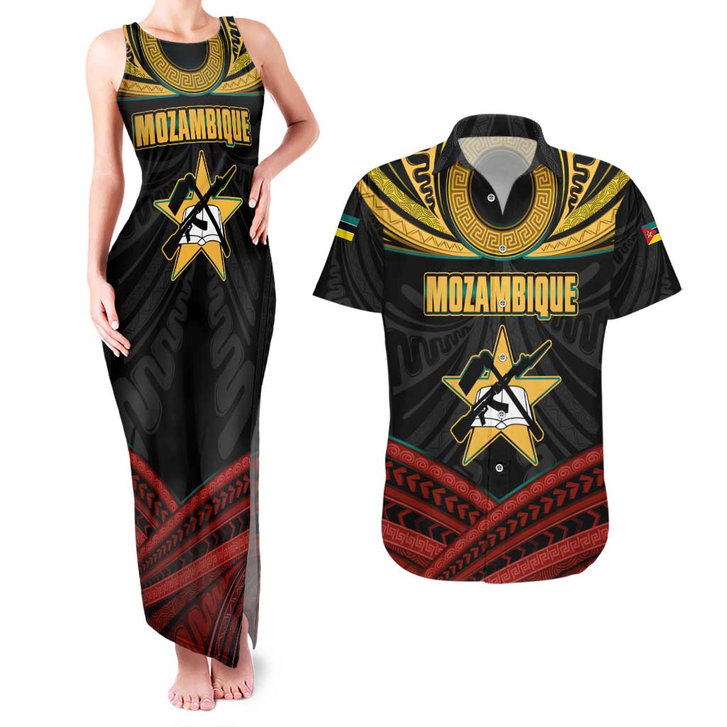 Mozambique Couples Matching Tank Maxi Dress and Hawaiian Shirt with Black Red Tribal Design and National Map Pattern - Wonder Print Shop