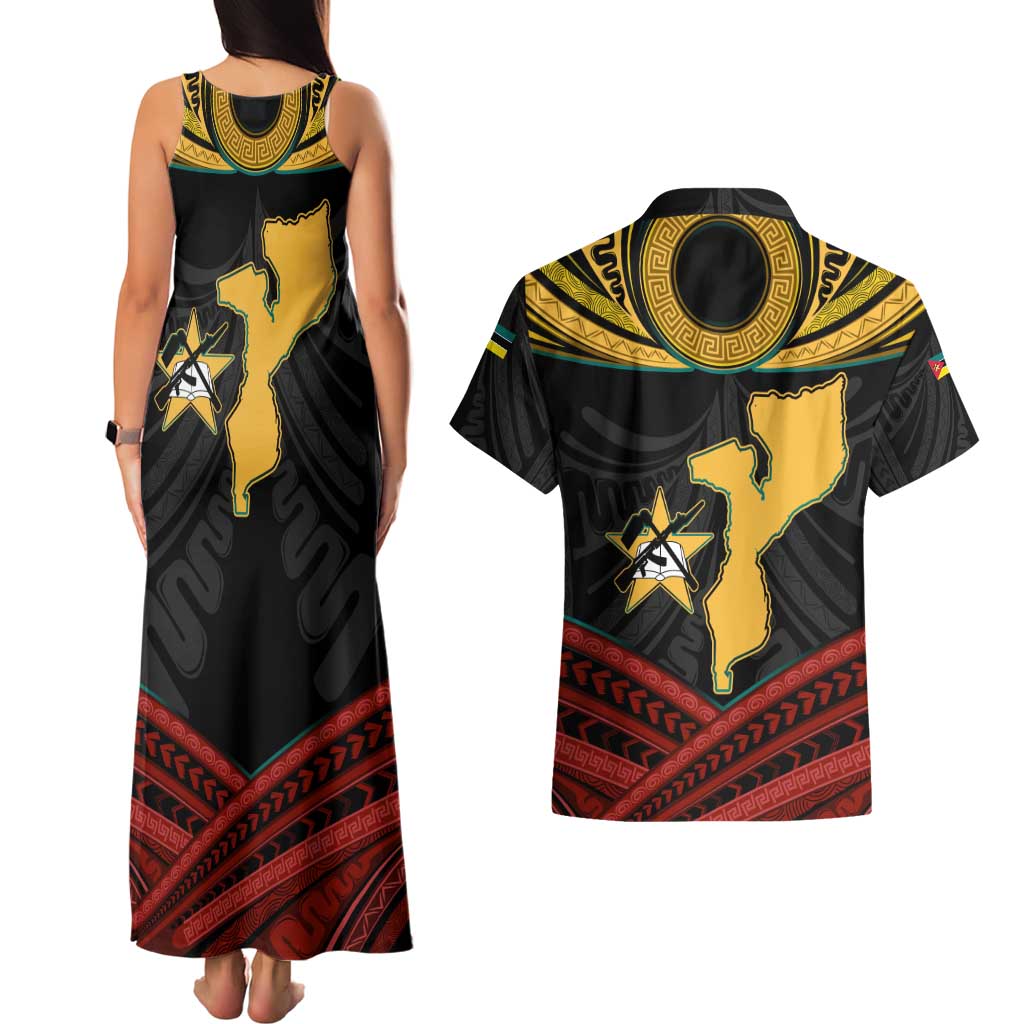 Mozambique Couples Matching Tank Maxi Dress and Hawaiian Shirt with Black Red Tribal Design and National Map Pattern - Wonder Print Shop
