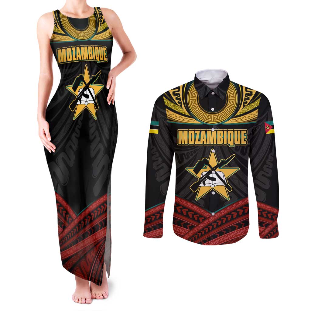 Mozambique Couples Matching Tank Maxi Dress and Long Sleeve Button Shirt with Black Red Tribal Design and National Map Pattern - Wonder Print Shop