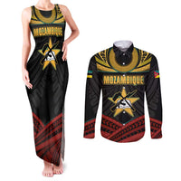 Mozambique Couples Matching Tank Maxi Dress and Long Sleeve Button Shirt with Black Red Tribal Design and National Map Pattern - Wonder Print Shop
