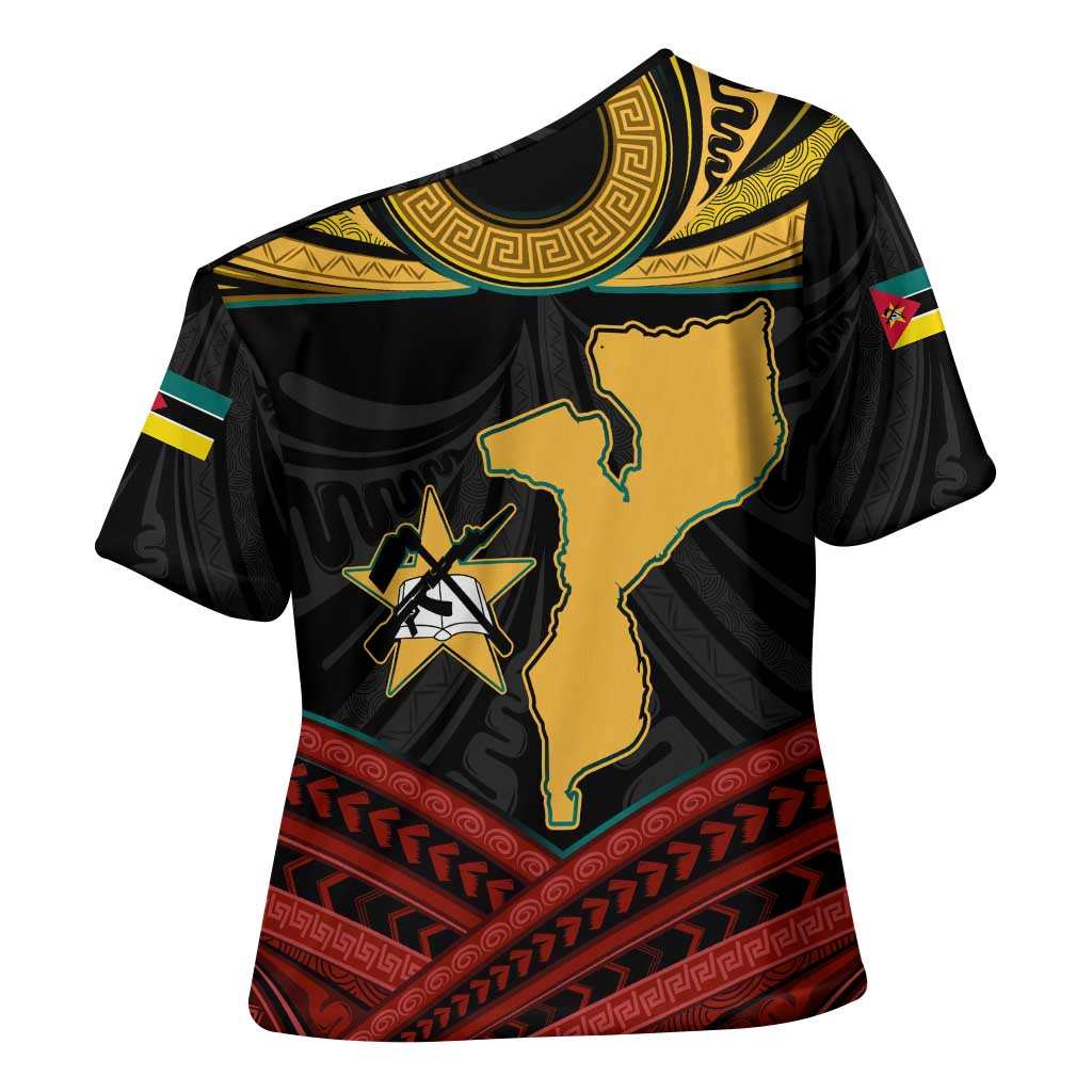 Mozambique Cross Shoulder Shirt with Black Red Tribal Design and National Map Pattern - Wonder Print Shop