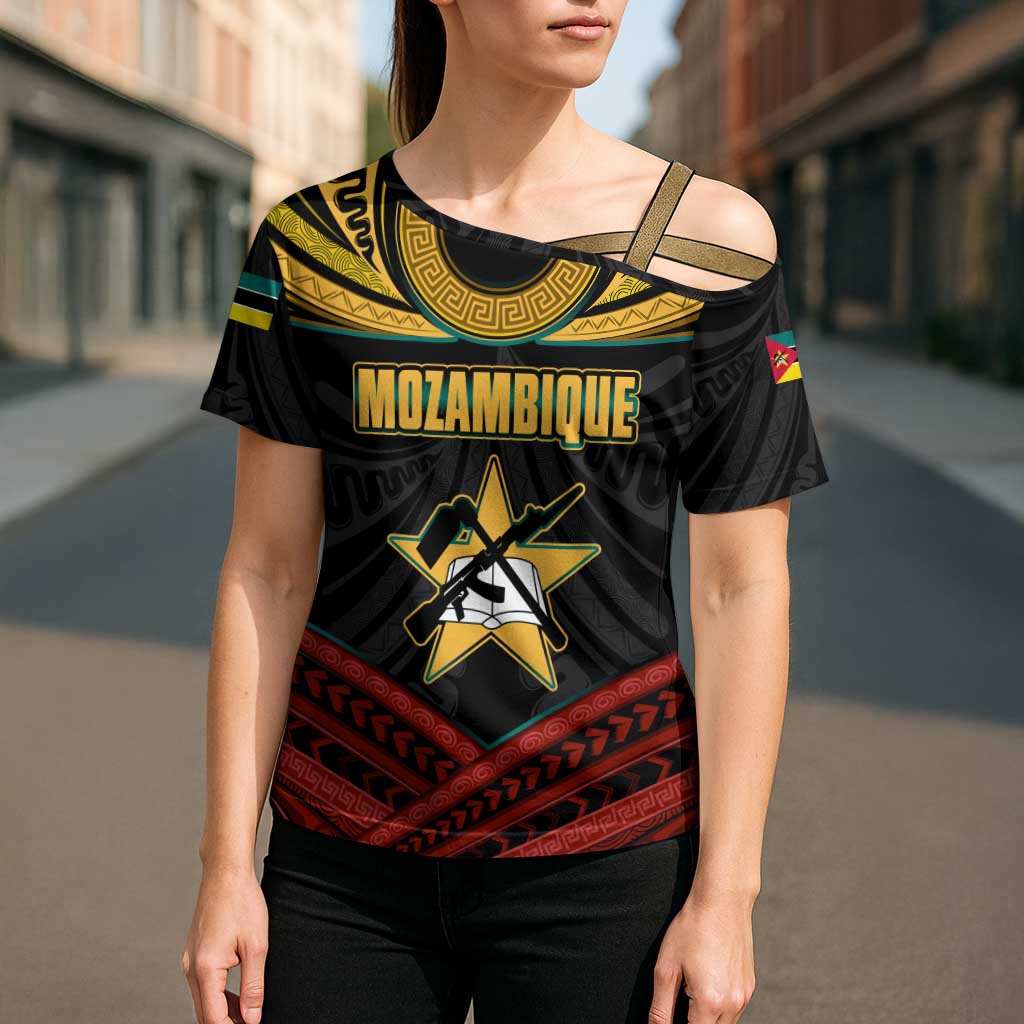Mozambique Cross Shoulder Shirt with Black Red Tribal Design and National Map Pattern - Wonder Print Shop