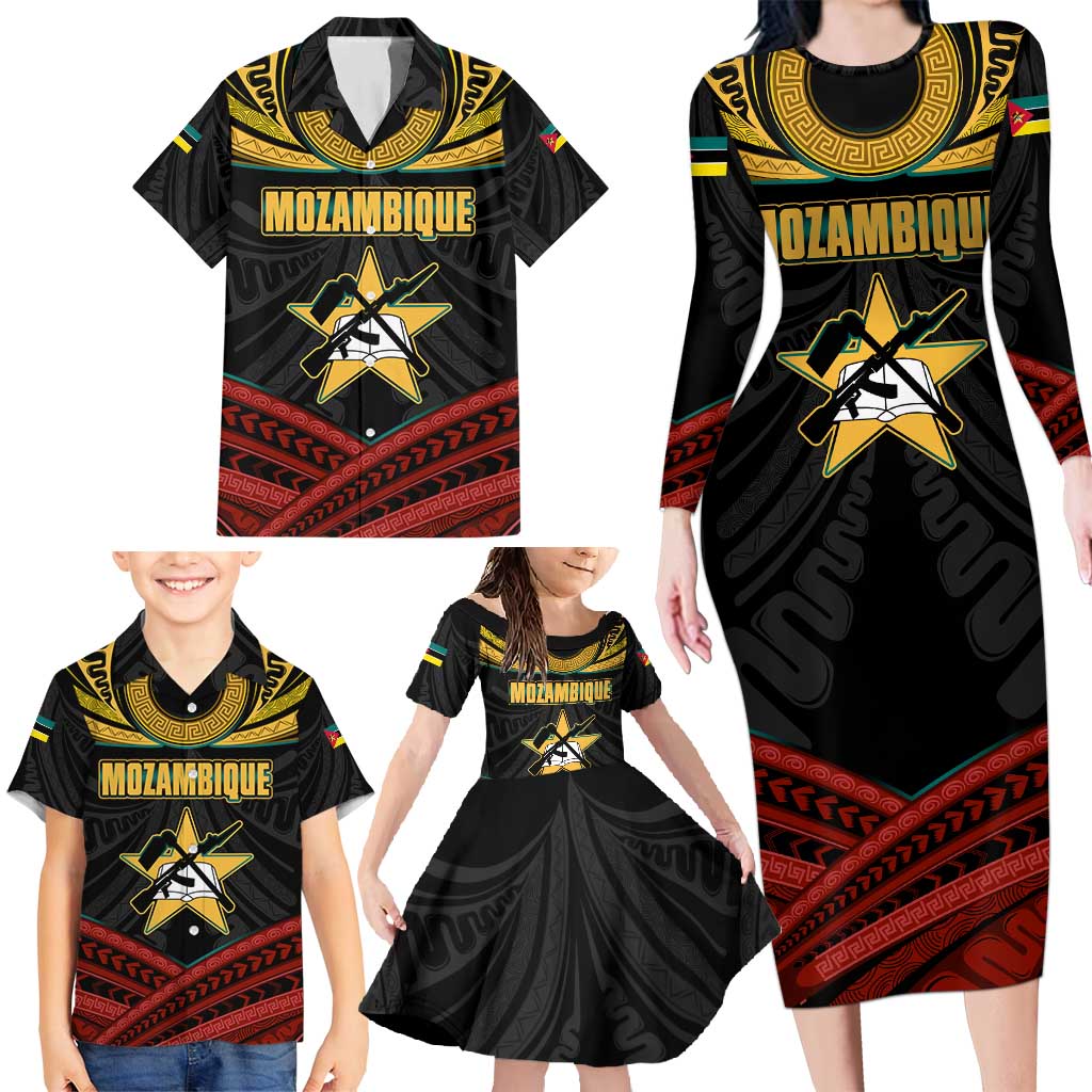 Mozambique Family Matching Long Sleeve Bodycon Dress and Hawaiian Shirt with Black Red Tribal Design and National Map Pattern - Wonder Print Shop
