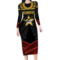 Mozambique Family Matching Long Sleeve Bodycon Dress and Hawaiian Shirt with Black Red Tribal Design and National Map Pattern - Wonder Print Shop