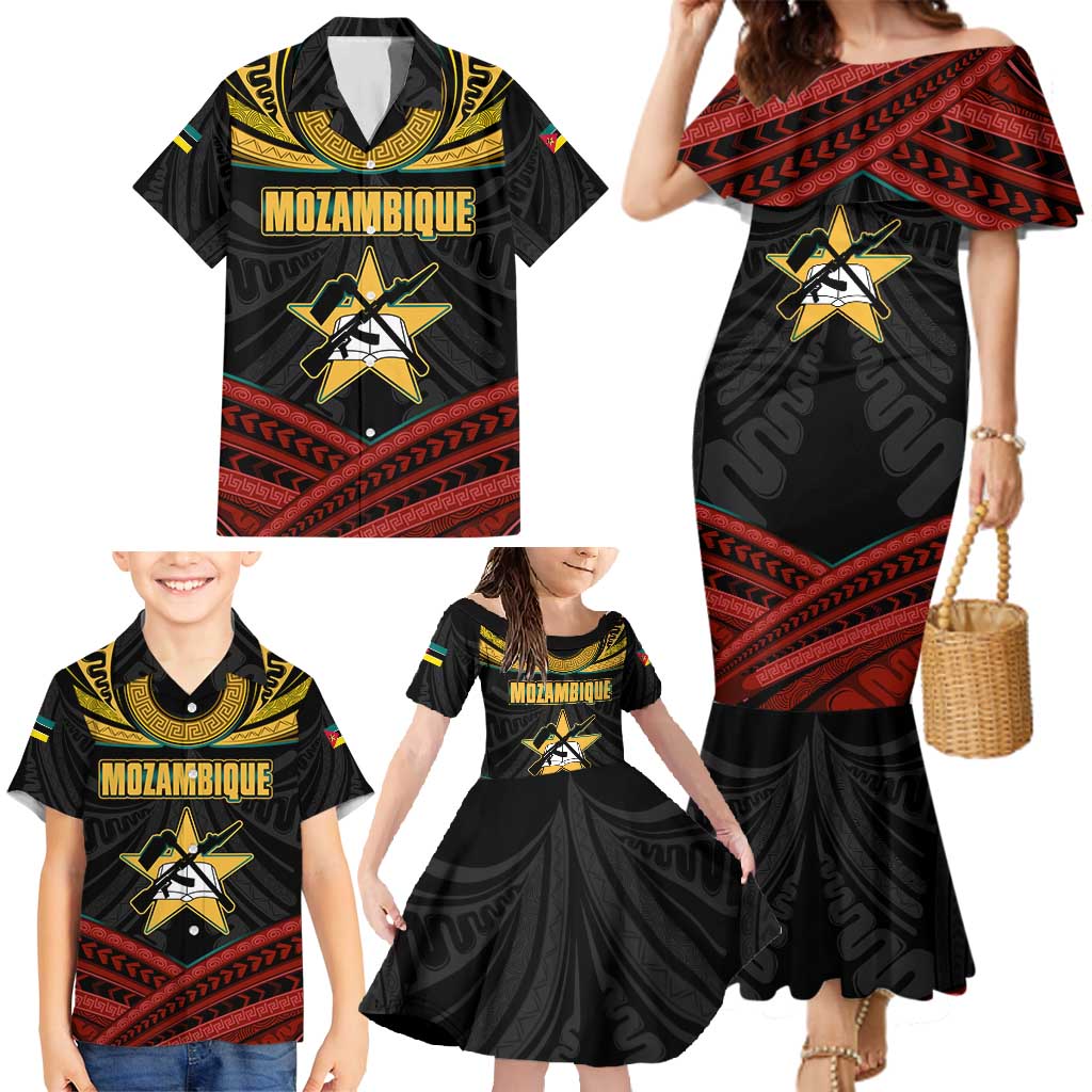 Mozambique Family Matching Mermaid Dress and Hawaiian Shirt with Black Red Tribal Design and National Map Pattern - Wonder Print Shop