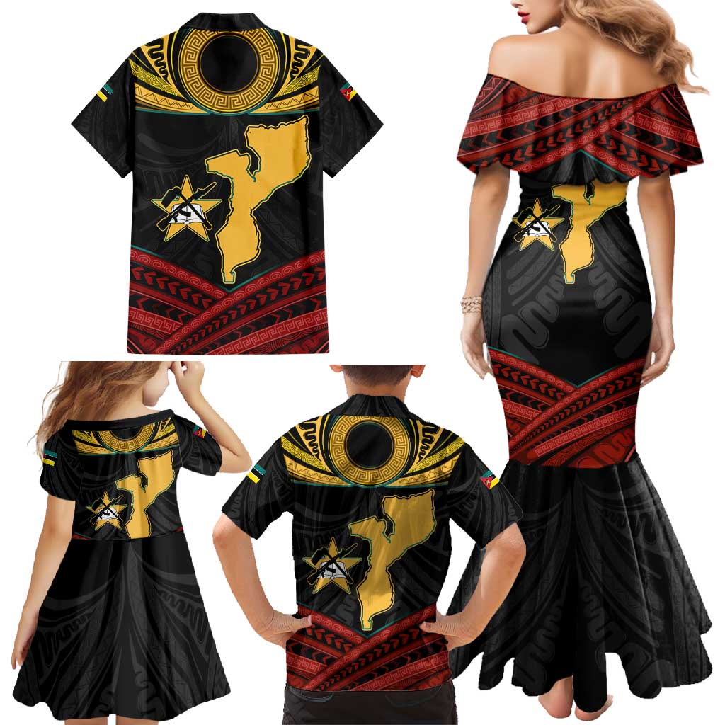 Mozambique Family Matching Mermaid Dress and Hawaiian Shirt with Black Red Tribal Design and National Map Pattern - Wonder Print Shop