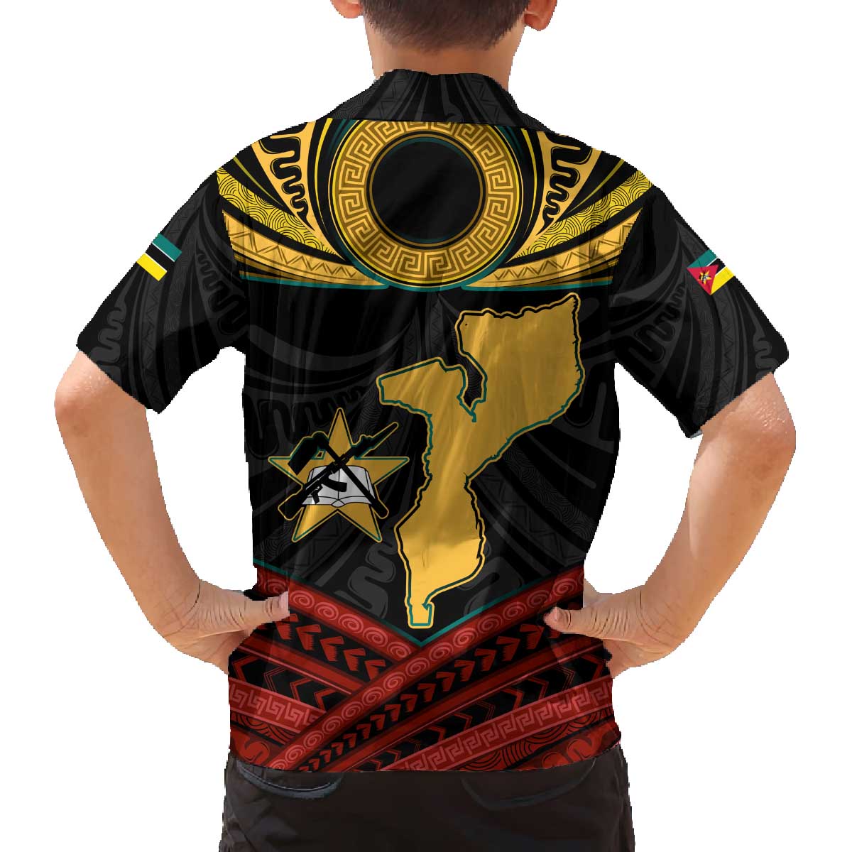 Mozambique Family Matching Off The Shoulder Long Sleeve Dress and Hawaiian Shirt with Black Red Tribal Design and National Map Pattern - Wonder Print Shop