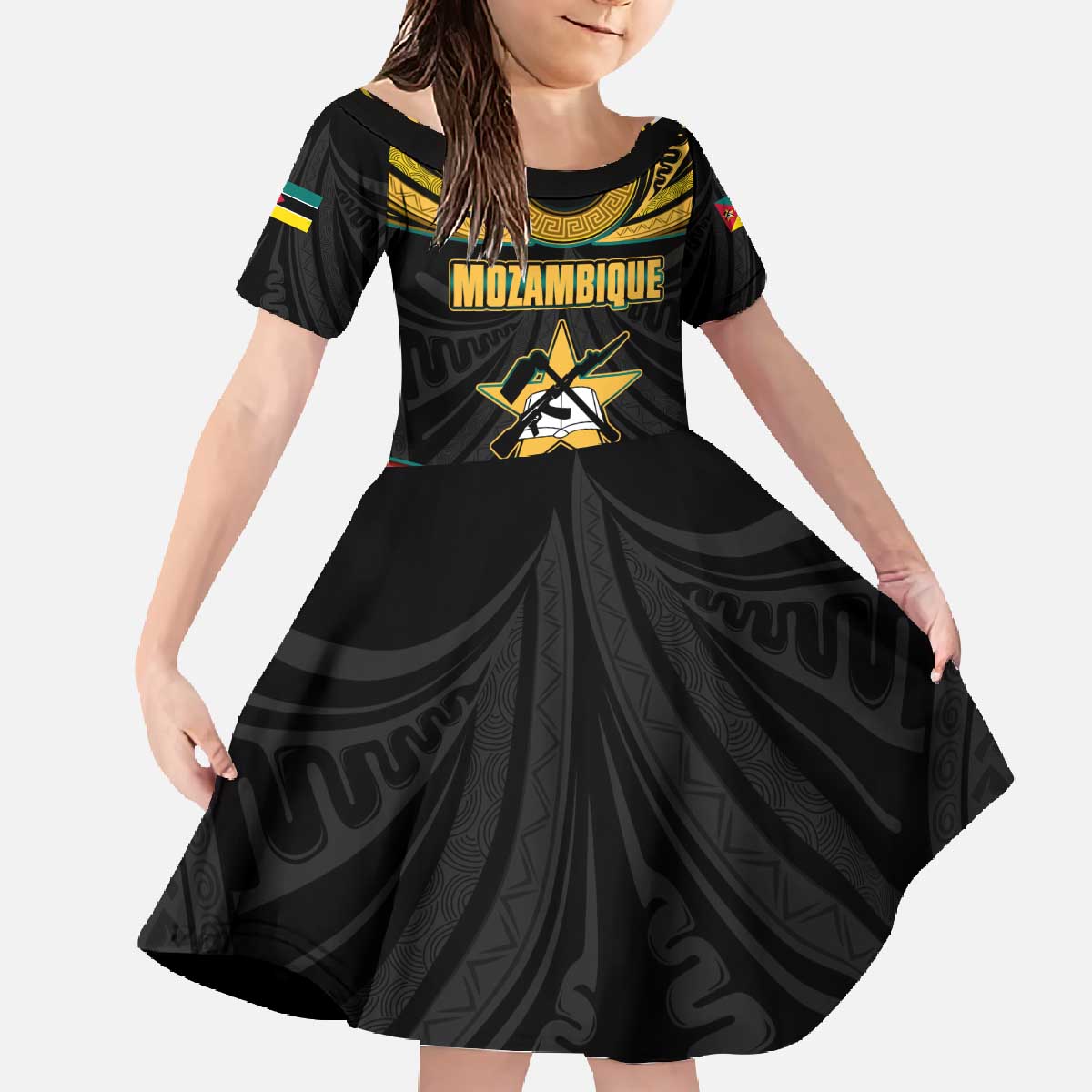 Mozambique Family Matching Off The Shoulder Long Sleeve Dress and Hawaiian Shirt with Black Red Tribal Design and National Map Pattern - Wonder Print Shop