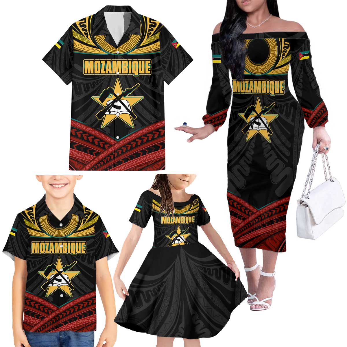 Mozambique Family Matching Off The Shoulder Long Sleeve Dress and Hawaiian Shirt with Black Red Tribal Design and National Map Pattern - Wonder Print Shop
