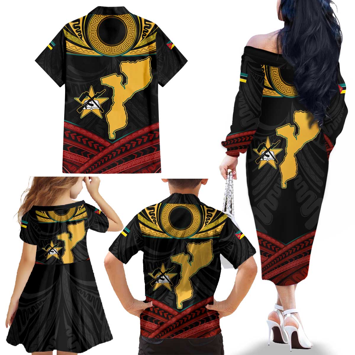 Mozambique Family Matching Off The Shoulder Long Sleeve Dress and Hawaiian Shirt with Black Red Tribal Design and National Map Pattern - Wonder Print Shop