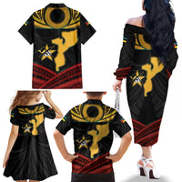 Mozambique Family Matching Off The Shoulder Long Sleeve Dress and Hawaiian Shirt with Black Red Tribal Design and National Map Pattern - Wonder Print Shop