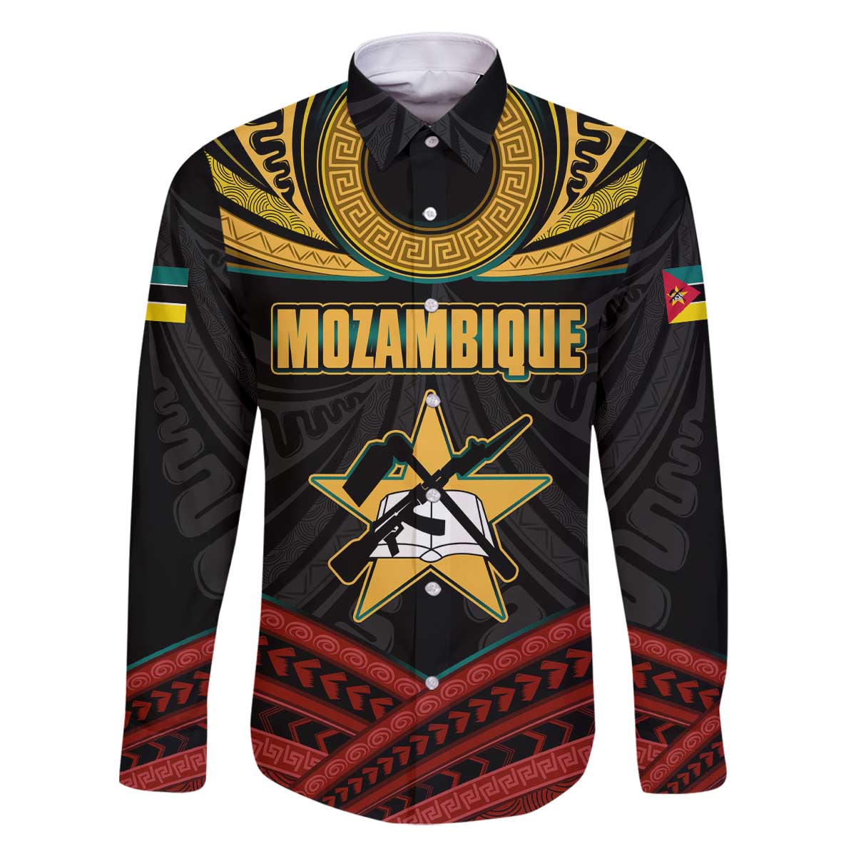 Mozambique Family Matching Off The Shoulder Long Sleeve Dress and Hawaiian Shirt with Black Red Tribal Design and National Map Pattern - Wonder Print Shop