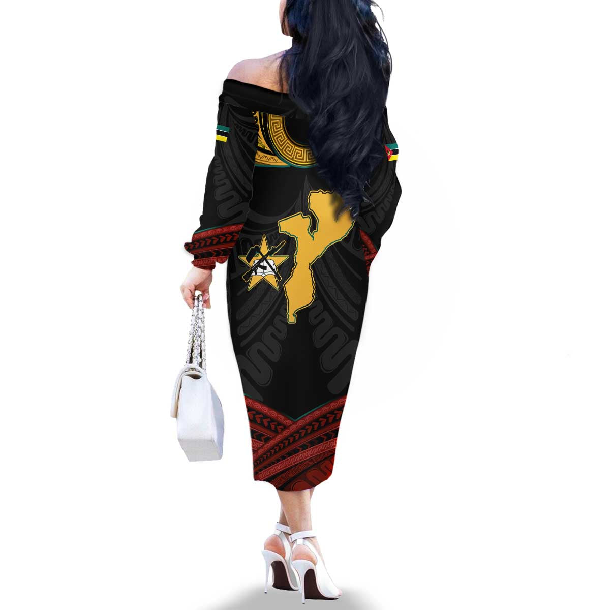 Mozambique Family Matching Off The Shoulder Long Sleeve Dress and Hawaiian Shirt with Black Red Tribal Design and National Map Pattern - Wonder Print Shop
