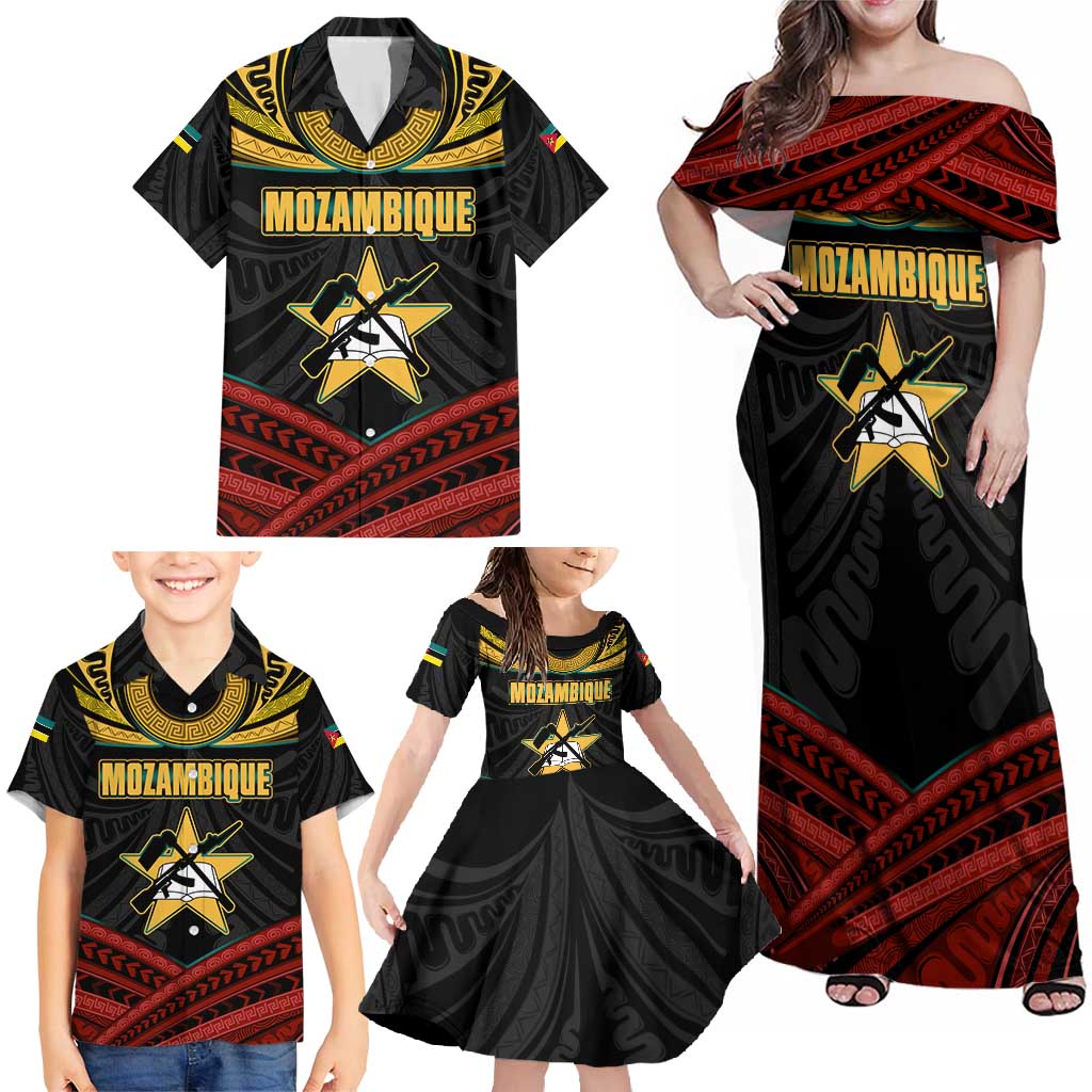 Mozambique Family Matching Off Shoulder Maxi Dress and Hawaiian Shirt with Black Red Tribal Design and National Map Pattern - Wonder Print Shop