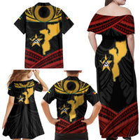 Mozambique Family Matching Off Shoulder Maxi Dress and Hawaiian Shirt with Black Red Tribal Design and National Map Pattern - Wonder Print Shop