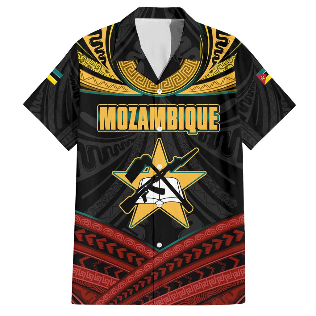 Mozambique Family Matching Off Shoulder Maxi Dress and Hawaiian Shirt with Black Red Tribal Design and National Map Pattern - Wonder Print Shop