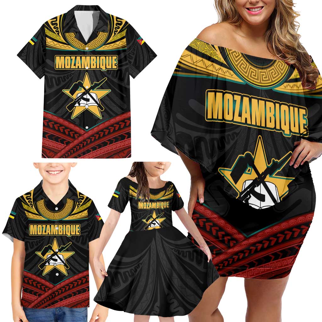 Mozambique Family Matching Off Shoulder Short Dress and Hawaiian Shirt with Black Red Tribal Design and National Map Pattern - Wonder Print Shop