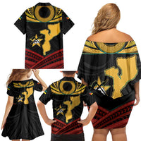 Mozambique Family Matching Off Shoulder Short Dress and Hawaiian Shirt with Black Red Tribal Design and National Map Pattern - Wonder Print Shop