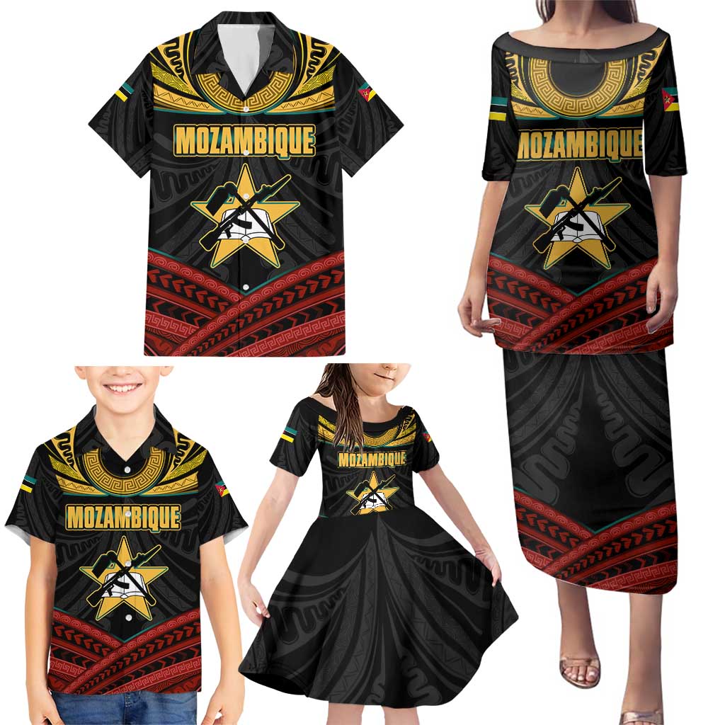 Mozambique Family Matching Puletasi and Hawaiian Shirt with Black Red Tribal Design and National Map Pattern - Wonder Print Shop