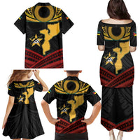 Mozambique Family Matching Puletasi and Hawaiian Shirt with Black Red Tribal Design and National Map Pattern - Wonder Print Shop