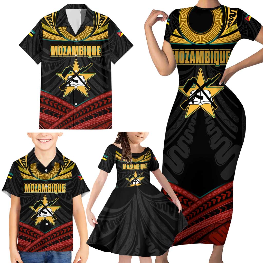 Mozambique Family Matching Short Sleeve Bodycon Dress and Hawaiian Shirt with Black Red Tribal Design and National Map Pattern - Wonder Print Shop