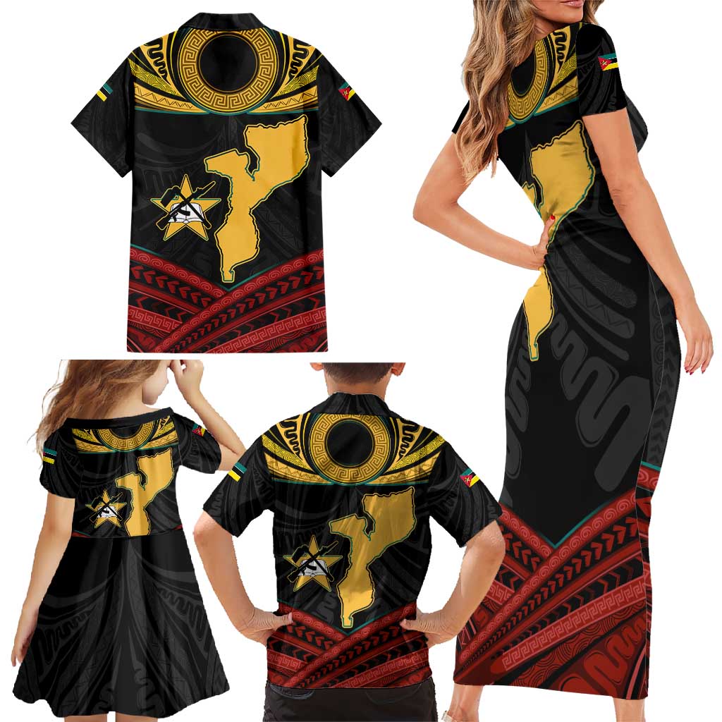 Mozambique Family Matching Short Sleeve Bodycon Dress and Hawaiian Shirt with Black Red Tribal Design and National Map Pattern - Wonder Print Shop