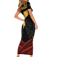 Mozambique Family Matching Short Sleeve Bodycon Dress and Hawaiian Shirt with Black Red Tribal Design and National Map Pattern - Wonder Print Shop