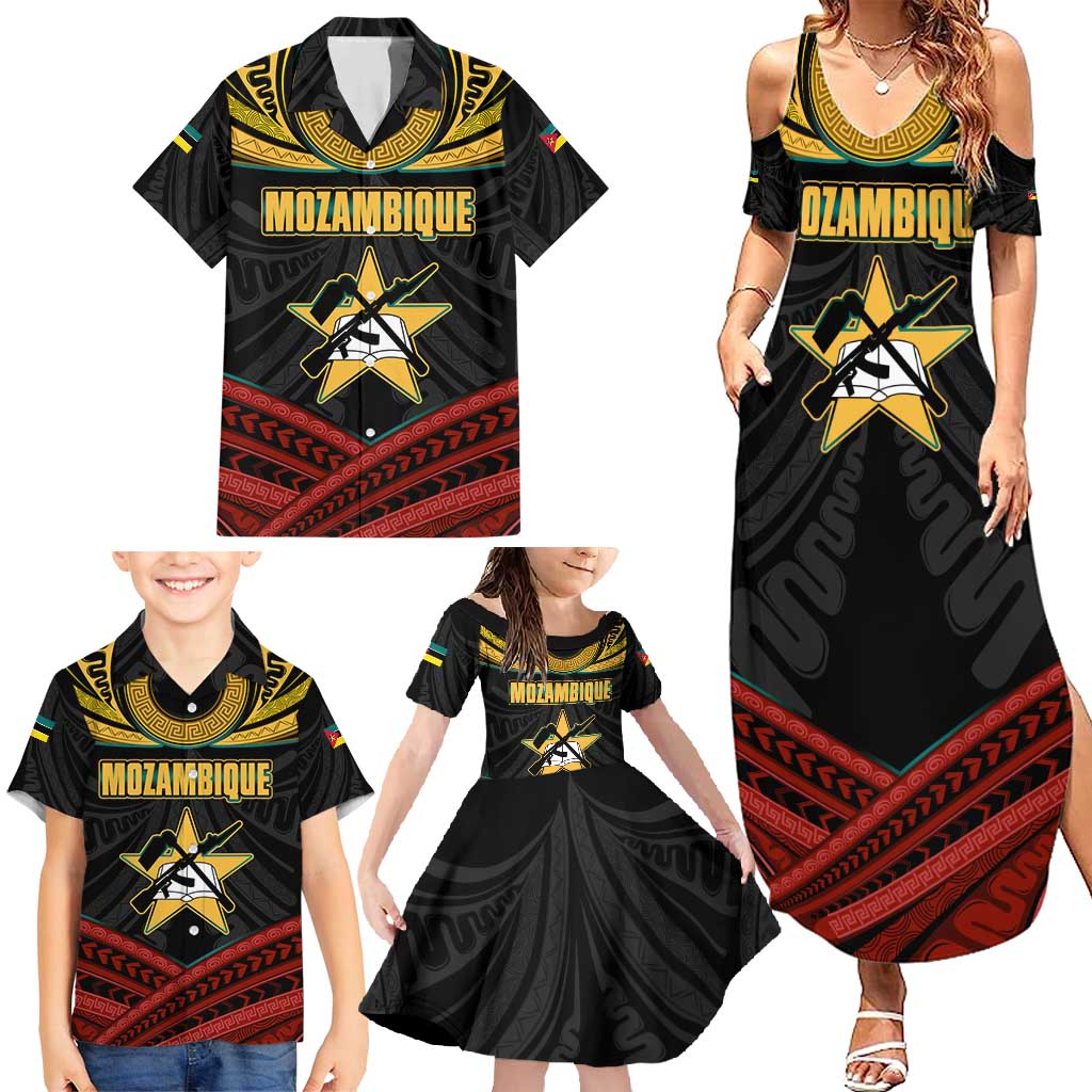 Mozambique Family Matching Summer Maxi Dress and Hawaiian Shirt with Black Red Tribal Design and National Map Pattern - Wonder Print Shop