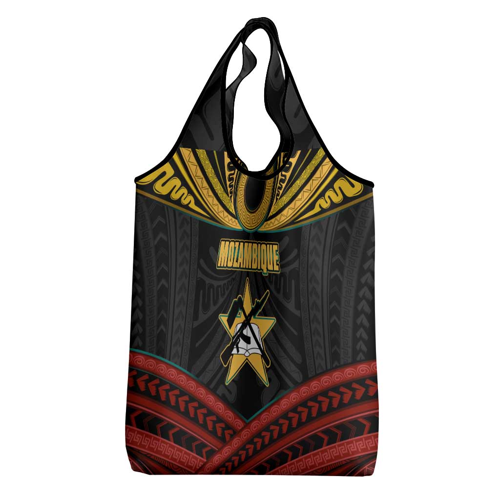 Mozambique Grocery Bag with Black Red Tribal Design and National Map Pattern - Wonder Print Shop