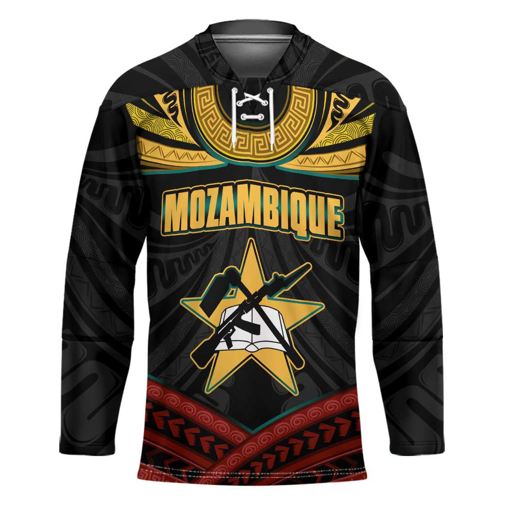 Mozambique Hockey Jersey with Black Red Tribal Design and National Map Pattern - Wonder Print Shop