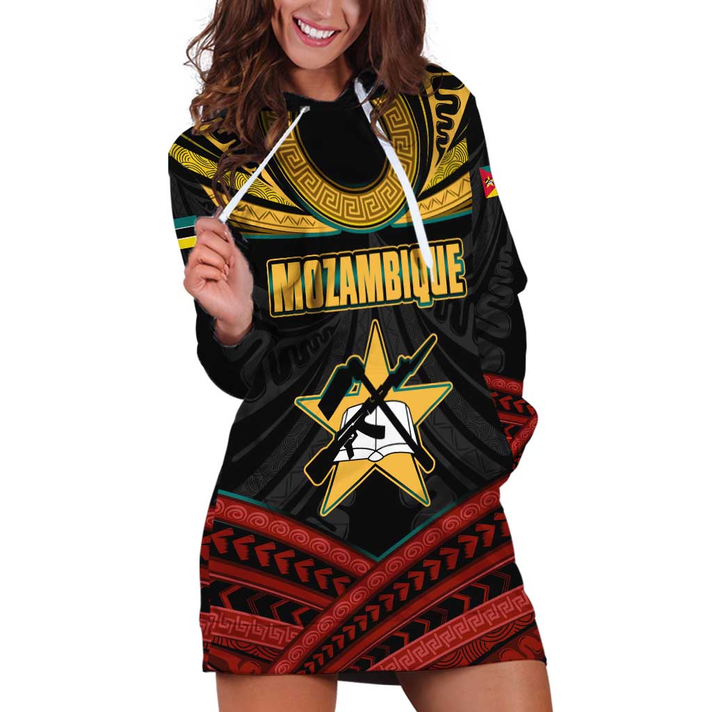 Mozambique Hoodie Dress with Black Red Tribal Design and National Map Pattern - Wonder Print Shop