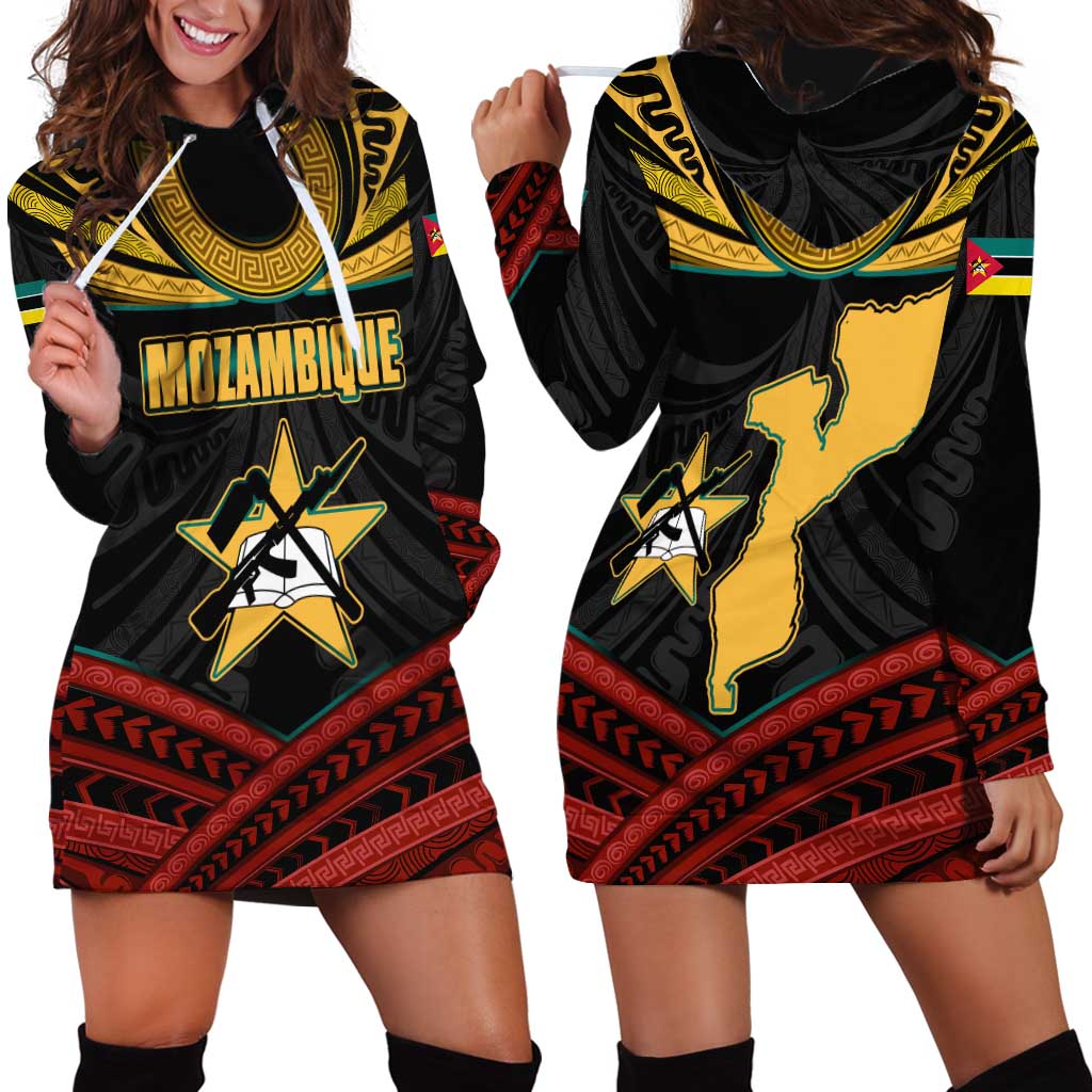 Mozambique Hoodie Dress with Black Red Tribal Design and National Map Pattern - Wonder Print Shop