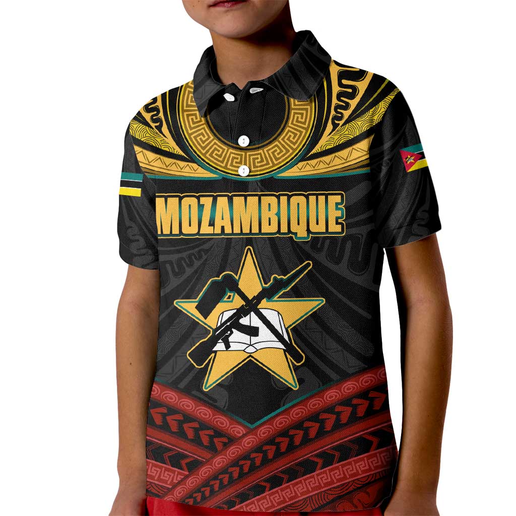 Mozambique Kid Polo Shirt with Black Red Tribal Design and National Map Pattern - Wonder Print Shop