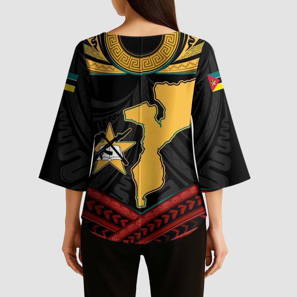 Mozambique Kimono Sleeve Blouse with Black Red Tribal Design and National Map Pattern - Wonder Print Shop
